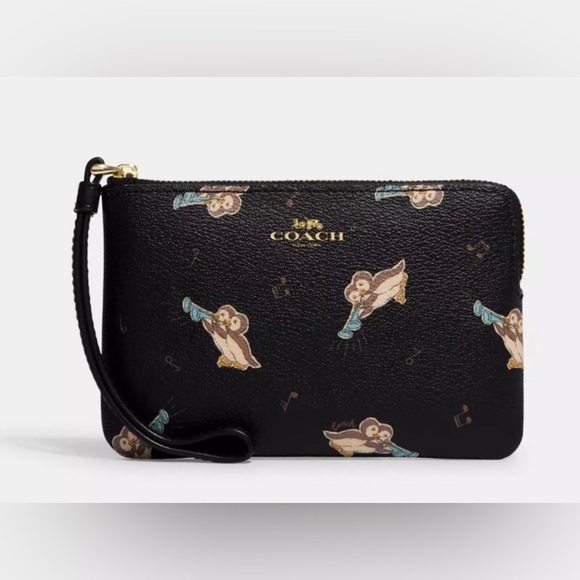 NWOT Coach Corner Zip Wristlet with Penguin Print Wallet Black - Picture 1 of 3